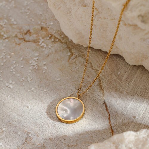 14K Gold Plated Stainless Steel Mother of Pearl Pendant Necklace