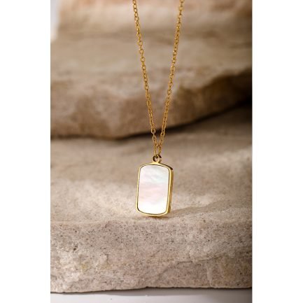 14K Gold Plated Stainless Steel Rectangular Shell Pendant Necklace