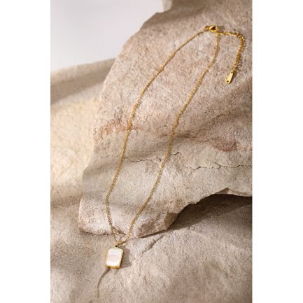 14K Gold Plated Stainless Steel Rectangular Shell Pendant Necklace
