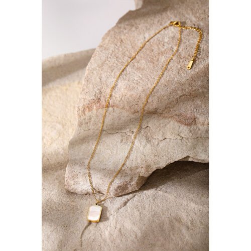 14K Gold Plated Stainless Steel Rectangular Shell Pendant Necklace