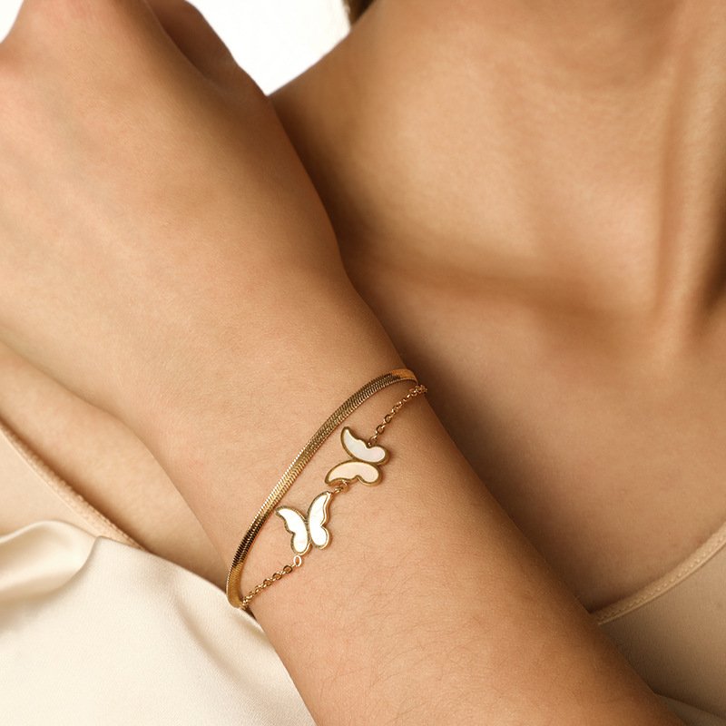 18K Gold-Plated Double-Layer White Butterfly Stainless Steel Bracelet