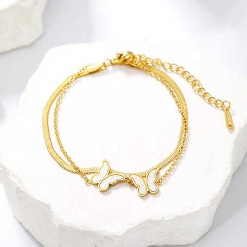 18K Gold-Plated Double-Layer White Butterfly Stainless Steel Bracelet