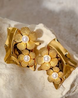 18K Gold Plated Stainless Steel Floral Pearl Stud Earrings