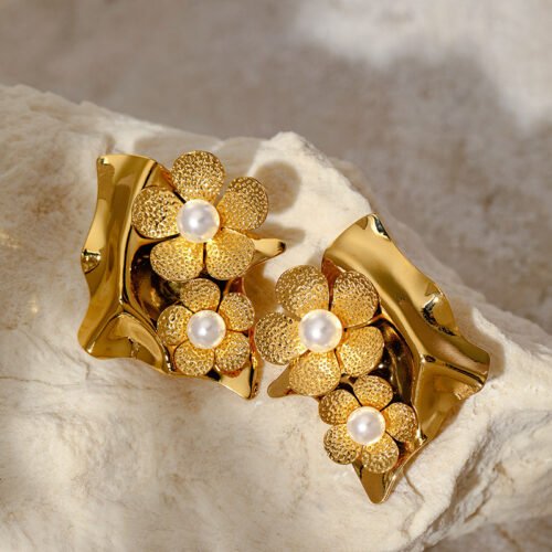 18K Gold Plated Stainless Steel Floral Pearl Stud Earrings