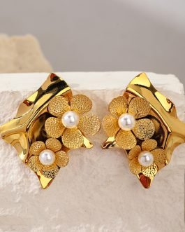 18K Gold Plated Stainless Steel Floral Pearl Stud Earrings