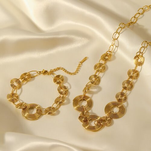 18K Gold-Plated Stainless Steel Geometric Spiral Necklace and Bracelet Set