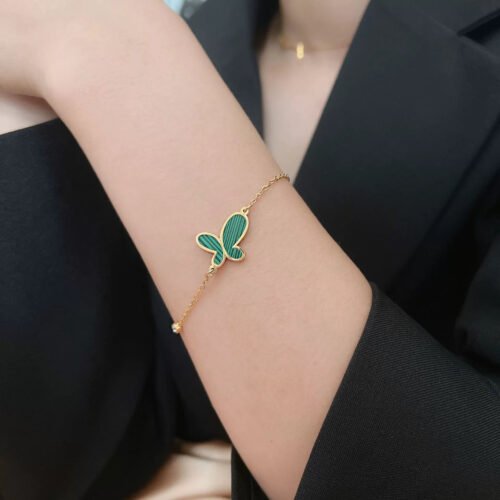 18K Gold Plated Stainless Steel Green Butterfly Bracelet with Mother of Pearl and Crystals