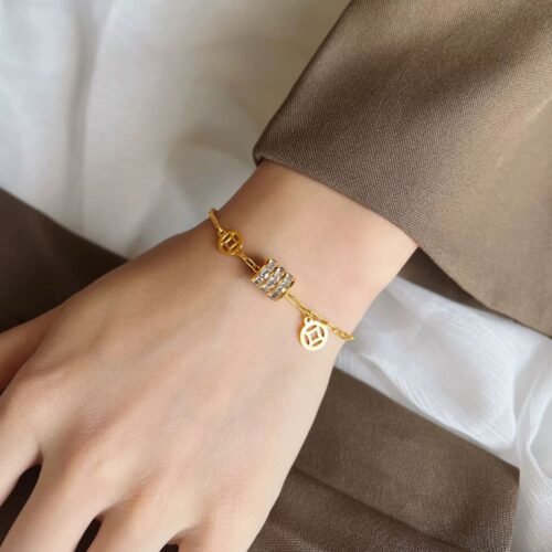 18K Gold Plated Stainless Steel Lucky Coin Bracelet with Crystal Beads
