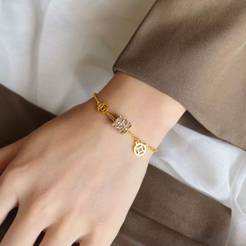 18K Gold Plated Stainless Steel Lucky Coin Bracelet with Crystal Beads
