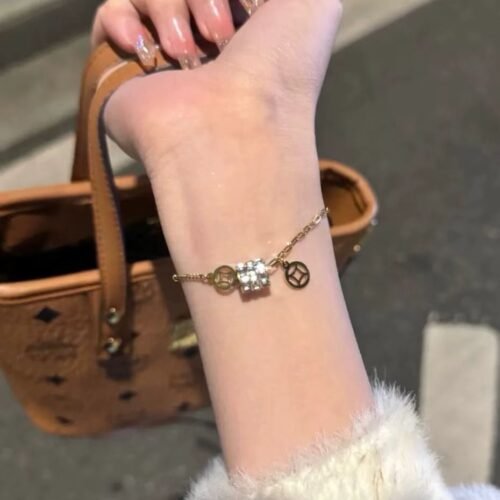 18K Gold Plated Stainless Steel Lucky Coin Bracelet with Crystal Beads