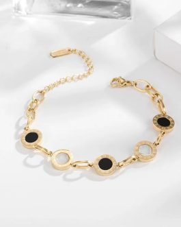 18K Gold Plated Stainless Steel Roman Numeral Bracelet with Black and White Mother of Pearl