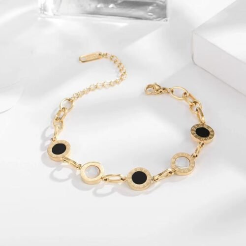 18K Gold Plated Stainless Steel Roman Numeral Bracelet with Black and White Mother of Pearl