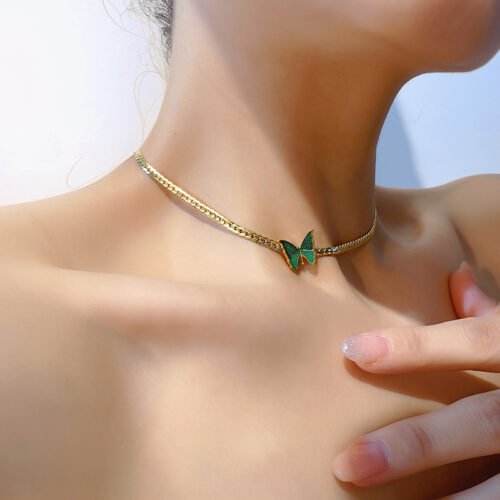 18K Gold Plated Stainless Steel Snake Chain Necklace with Green Butterfly Pendant