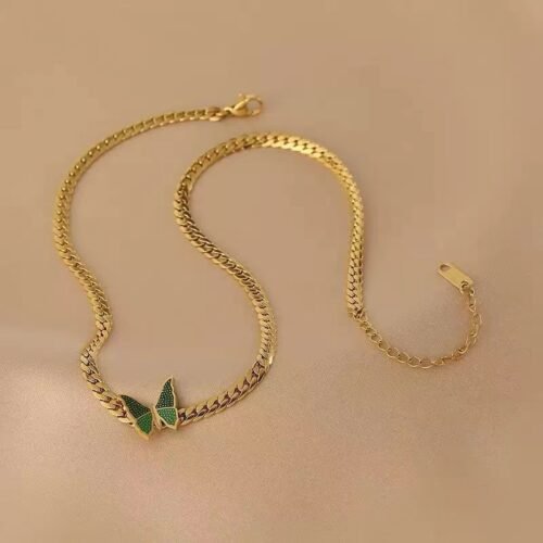 18K Gold Plated Stainless Steel Snake Chain Necklace with Green Butterfly Pendant