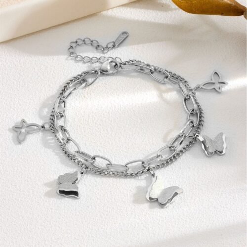 18K Gold-Plated Titanium Steel Double Layer Butterfly Charm Bracelet
