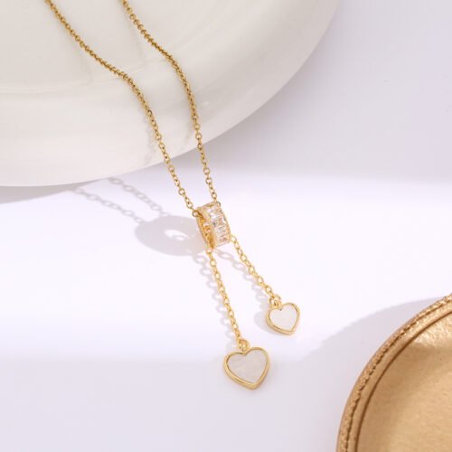 18K Gold-Plated Titanium Steel Tassel Heart Pendant Necklace with White Mother-of-Pearl