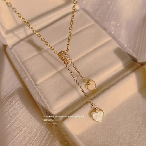 18K Gold-Plated Titanium Steel Tassel Heart Pendant Necklace with White Mother-of-Pearl