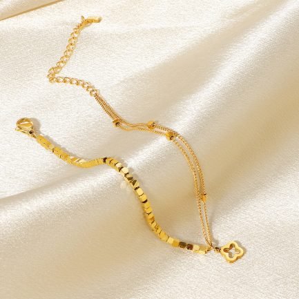 Double Layer Clover Charm Bracelet in 18K Gold Plated Titanium Steel