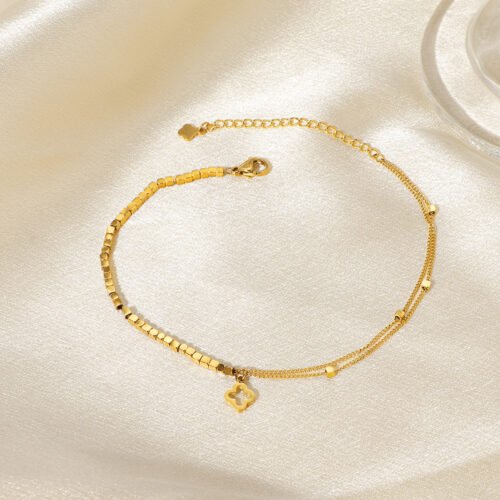 Double Layer Clover Charm Bracelet in 18K Gold Plated Titanium Steel