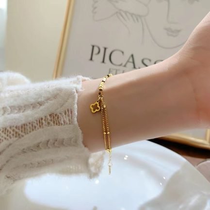 Double Layer Clover Charm Bracelet in 18K Gold Plated Titanium Steel