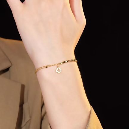 Double Layer Clover Charm Bracelet in 18K Gold Plated Titanium Steel