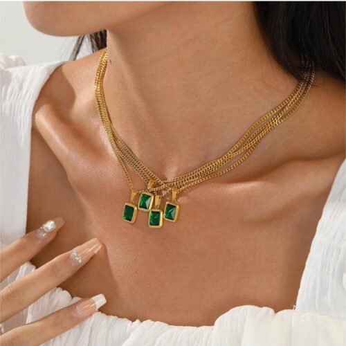Geometric Rectangular Emerald Green Gemstone Stainless Steel Necklace