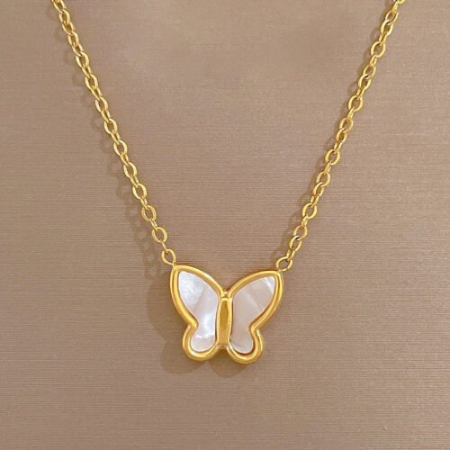 Mother of Pearl Butterfly Titanium Steel 18K Gold-Plated Necklace