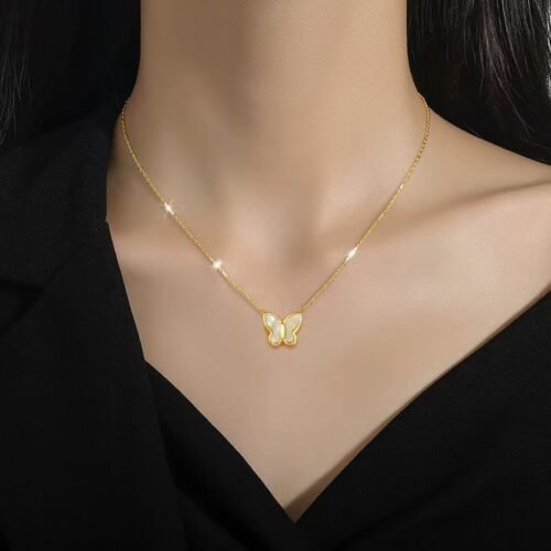 Mother of Pearl Butterfly Titanium Steel 18K Gold-Plated Necklace