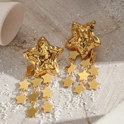 18K Gold-Plated Stainless Steel Hammered Star Tassel Earrings