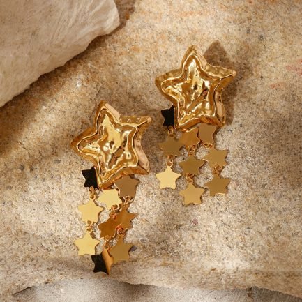 18K Gold-Plated Stainless Steel Hammered Star Tassel Earrings