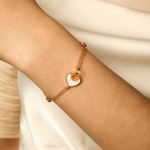 14K Gold-Plated Stainless Steel Mother of Pearl Heart Charm Double Layer Bracelet