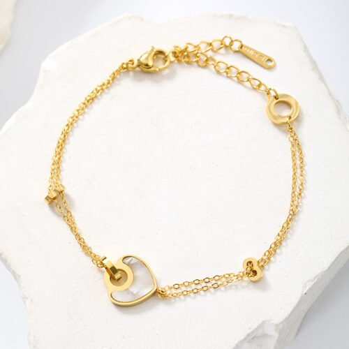 14K Gold-Plated Stainless Steel Mother of Pearl Heart Charm Double Layer Bracelet