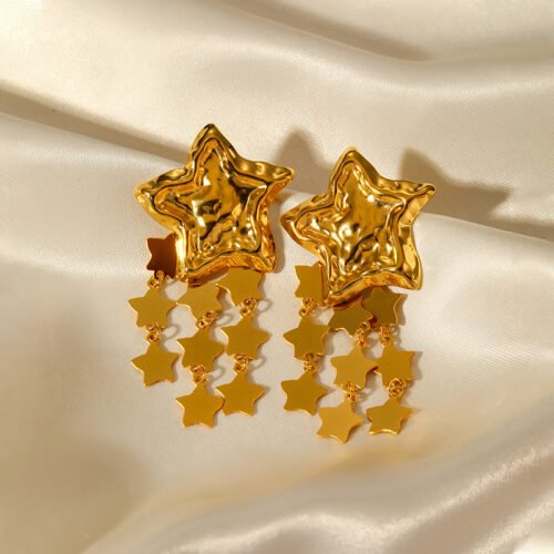18K Gold-Plated Stainless Steel Hammered Star Tassel Earrings