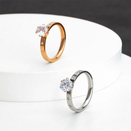 Six-Prong Zircon Titanium Steel 18K Gold Plated Ring