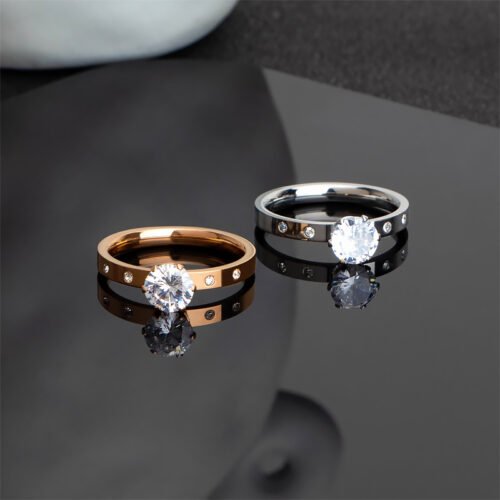 Six-Prong Zircon Titanium Steel 18K Gold Plated Ring