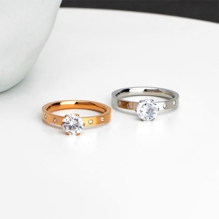 Six-Prong Zircon Titanium Steel 18K Gold Plated Ring
