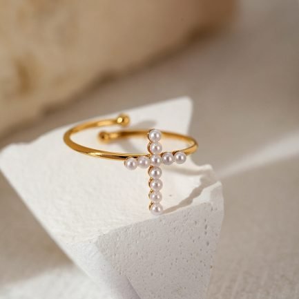 Stainless Steel 18K Gold Plated Pearl Cross Open Ring