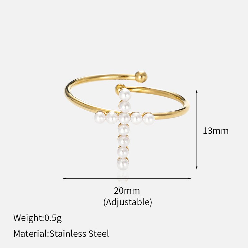 Stainless Steel 18K Gold Plated Pearl Cross Open Ring