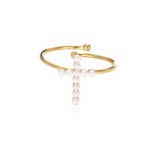 Stainless Steel 18K Gold Plated Pearl Cross Open Ring