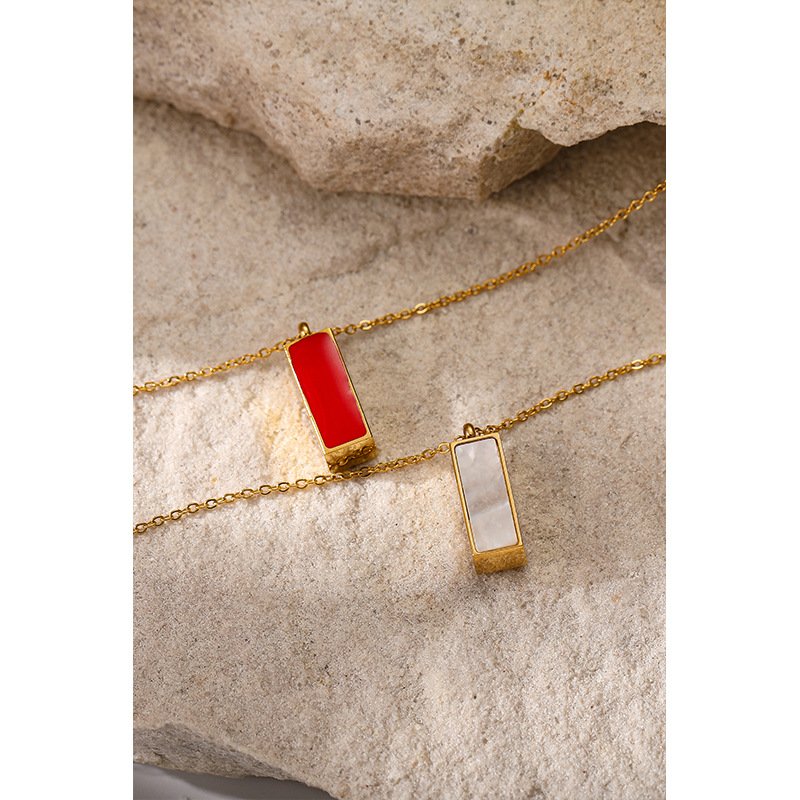 Stainless Steel Rectangular Mother of Pearl Pendant Necklace