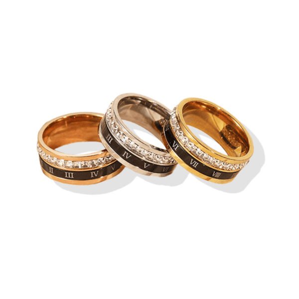 Titanium Steel Plated 18K Gold Rotating Roman Numeral Zircon Ring