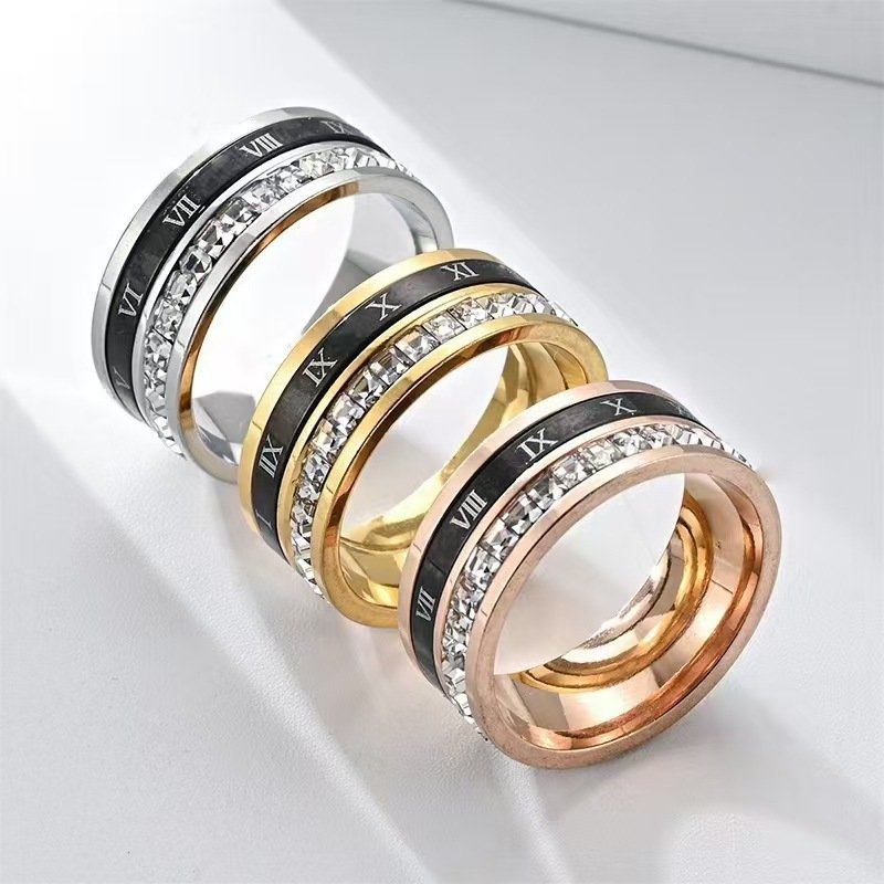 Titanium Steel Plated 18K Gold Rotating Roman Numeral Zircon Ring - Image 4