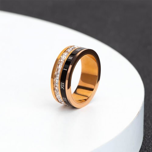 Titanium Steel Plated 18K Gold Rotating Roman Numeral Zircon Ring