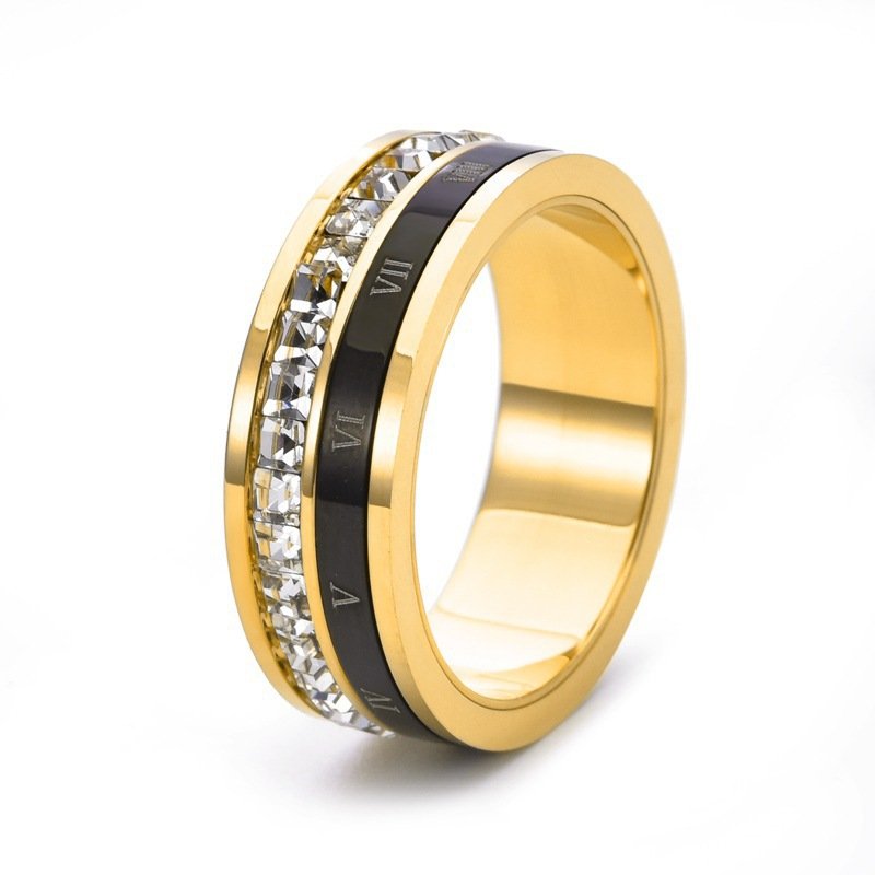 Titanium Steel Plated 18K Gold Rotating Roman Numeral Zircon Ring - Image 8