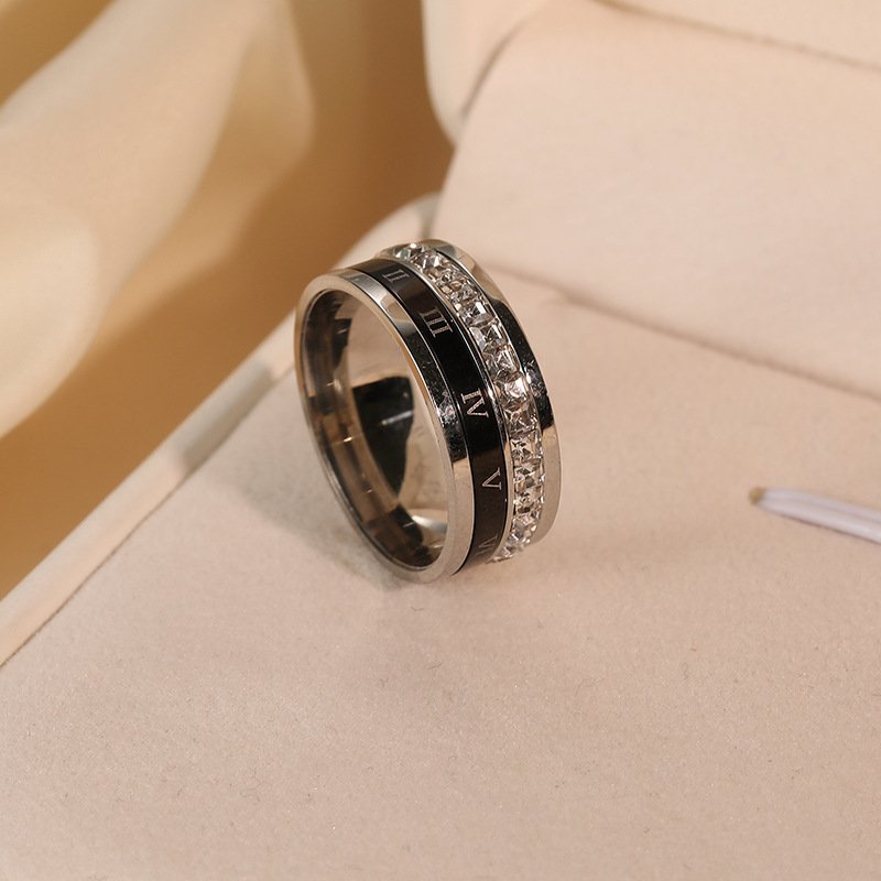Titanium Steel Plated 18K Gold Rotating Roman Numeral Zircon Ring - Image 7