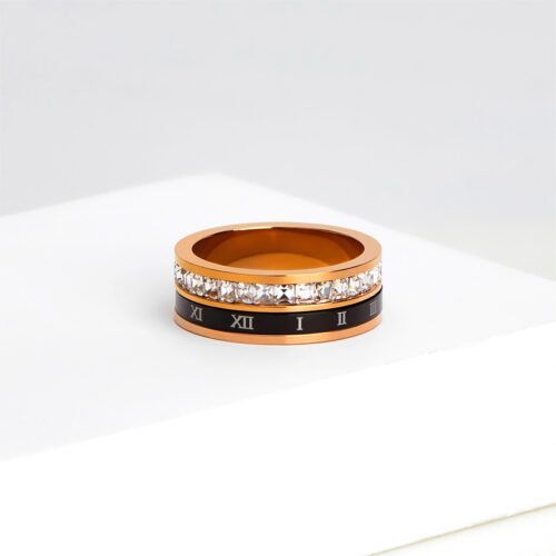 Titanium Steel Plated 18K Gold Rotating Roman Numeral Zircon Ring