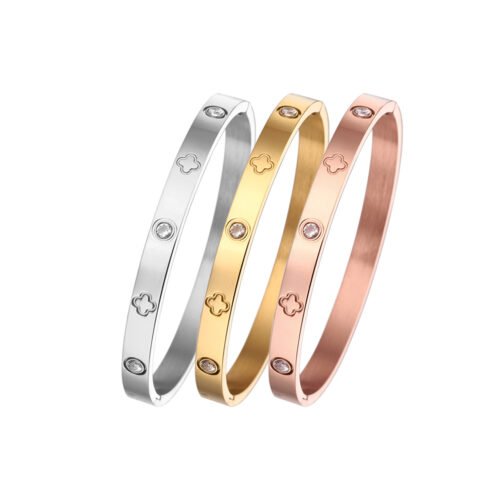 18K Gold Plated Four Leaf Clover Bracelet with Rhinestones – Stainless Steel Bangle for Women