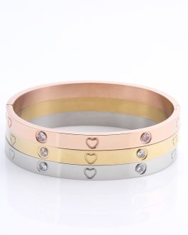 18K Gold Plated Heart Charm Bracelet with Rhinestones – Stainless Steel Bangle for Women