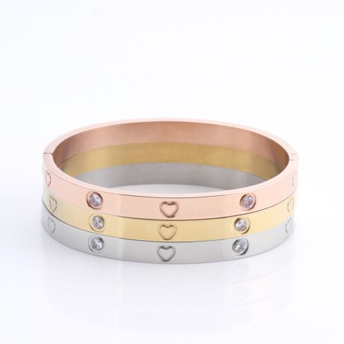 18K Gold Plated Heart Charm Bracelet with Rhinestones – Stainless Steel Bangle for Women