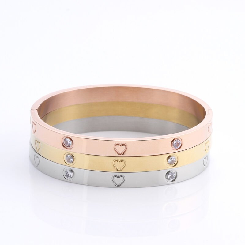 18K Gold Plated Heart Charm Bracelet with Rhinestones – Stainless Steel Bangle for Women
